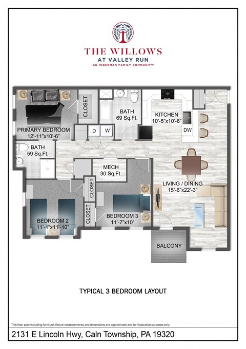 Floor plan for 3 beds, 1.5 baths, 1282 sqft